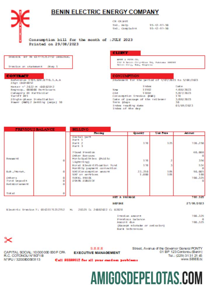 Benin Electricity Distribution Company Plc. SCR de fatura de serviços públicos amostra